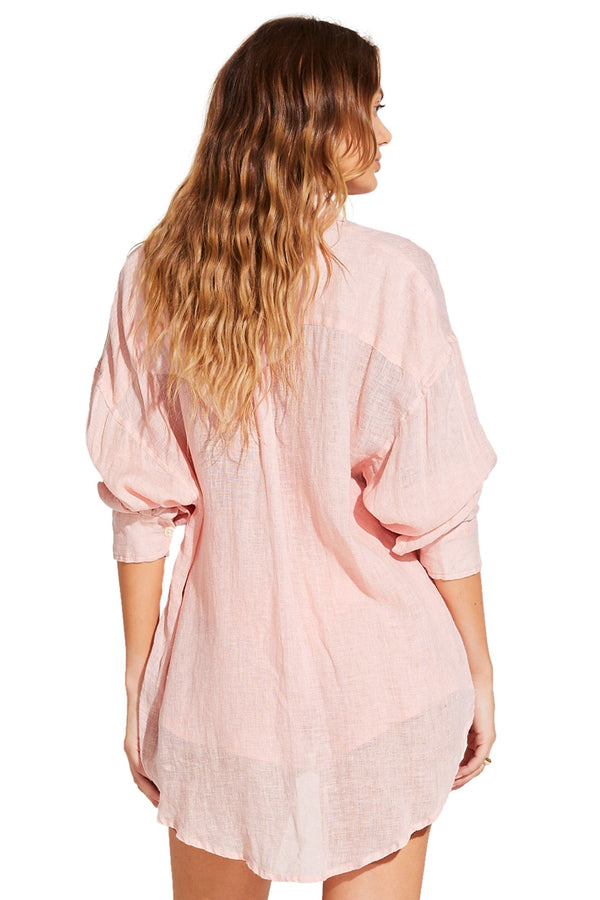 Vitamin A Ecolinen Gauze Pink Coral Playa Linen Oversized Shirt
